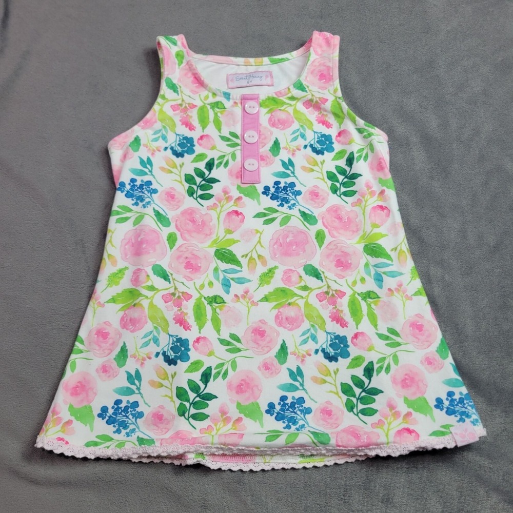 SweetHoney Girls Sleeveless Floral Dress 6Y Pink Blue Green With Lace Hem 95% Po